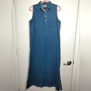 Directives (Size L) Vintage Blue 1/4 Button Collar Sleeveless Denim Maxi Dress